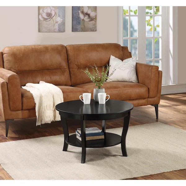 Black Medium Round Wood Coffee Table, American Heritage Leather Sofa
