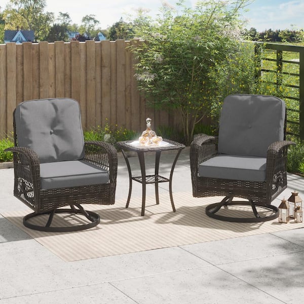 CORVUS Livorno Brown 3-piece Steel Wicker Patio Swivel Chair Set with Gray Cushions