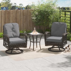 Livorno Brown 3-piece Steel Wicker Patio Swivel Chair Set with Gray Cushions