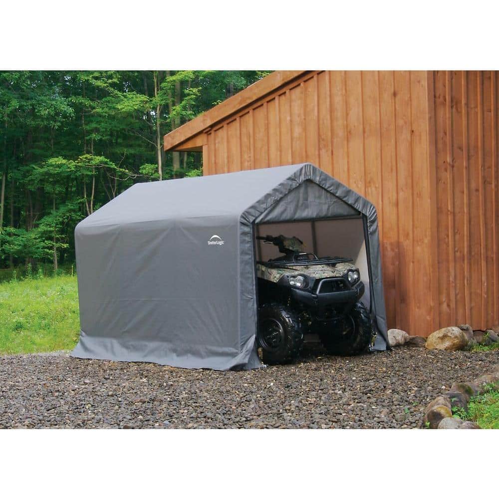 Gray Portable Peak Roof Storage Shed with Roll-Up Doors
