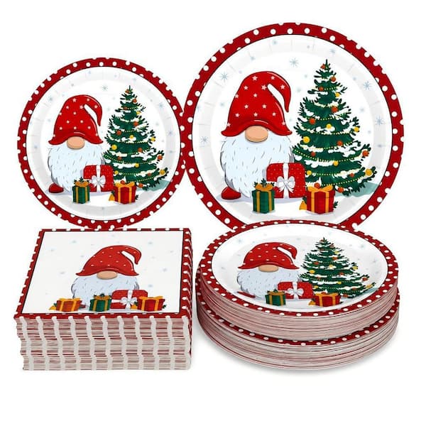 Christmas Gnome 200-Piece Disposable Red Paper Dinnerware Set, Service for 50, Plates and Napkins for Holiday Party