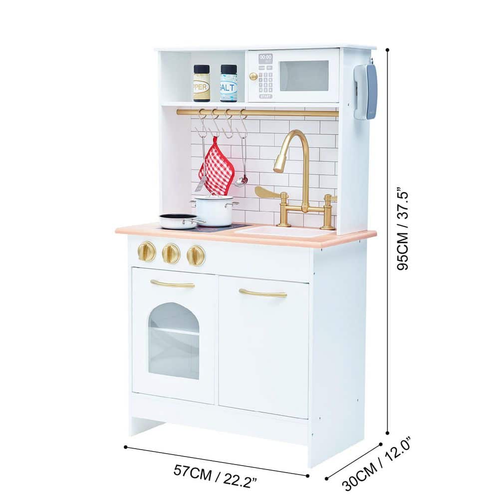 White and Gold Wooden Play Kitchen with Accessories
