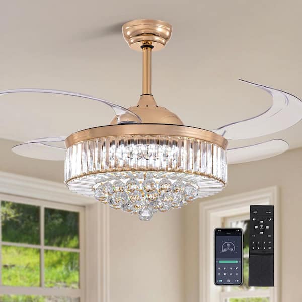 ANTOINE 48 in. Indoor 1-Light Gold Modern Crystal Chandelier Color Changing Retractable Ceiling Fan with Light and APP Remote