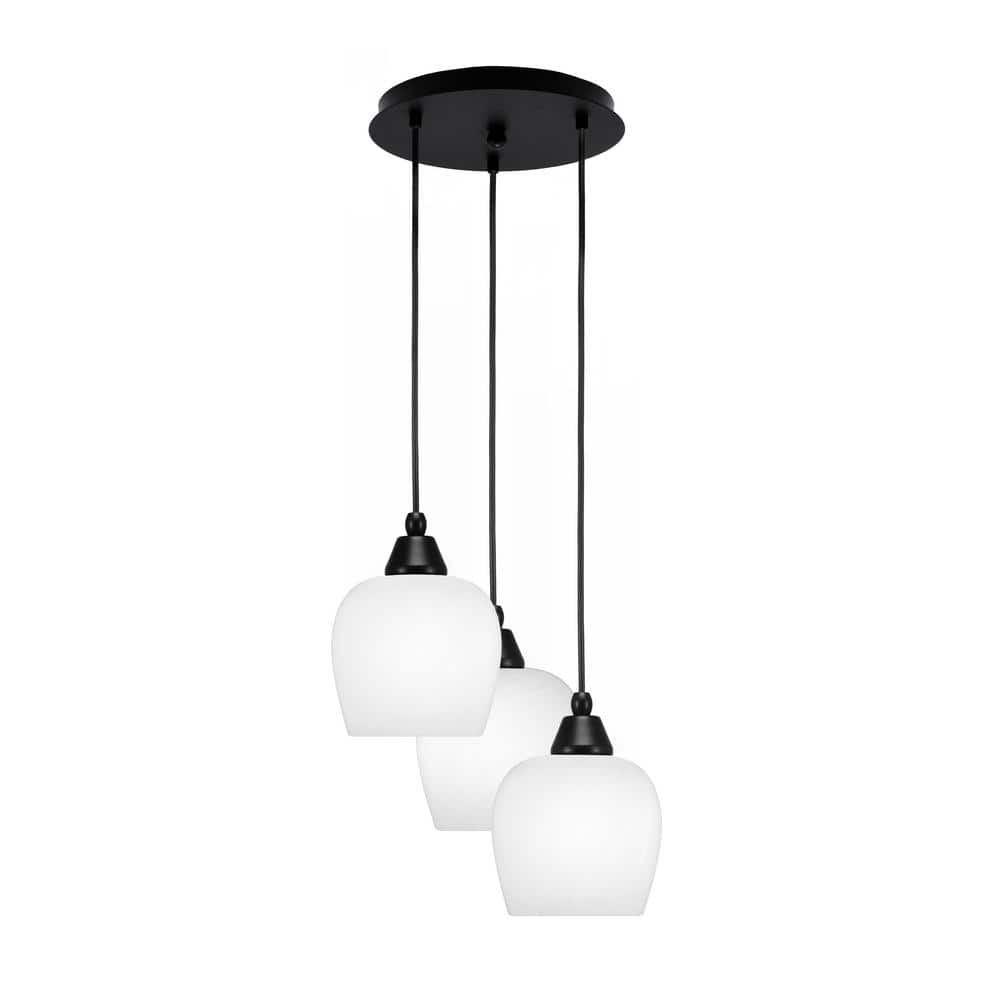 Savannah 9.75 in. 3-Light Matte Black Cord Pendant Light White Marble Glass