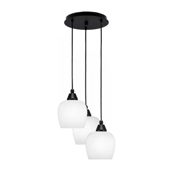 Savannah 9.75 in. 3-Light Matte Black Cord Pendant Light White Marble Glass Shade