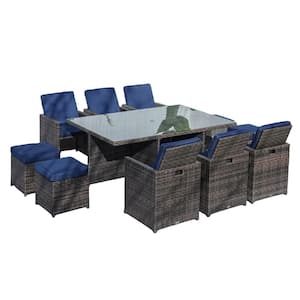 Butt Brown 11-Piece Wicker Rectangle Outdoor Dining Set with Dark Blue Cushions