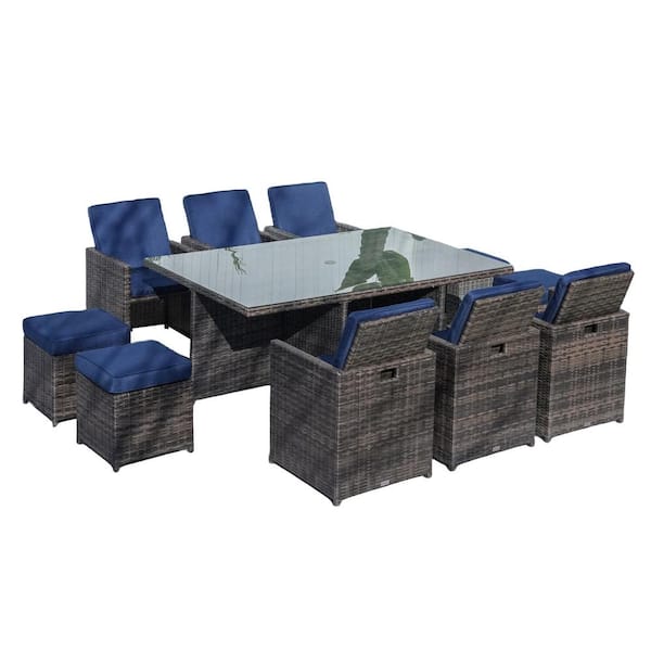 DIRECT WICKER Butt Brown 11-Piece Wicker Rectangle Outdoor Dining Set with Dark Blue Cushions