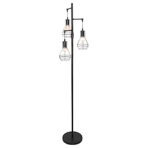 65 in. 3-Light Black Farmhouse Industrial Tree Floor Lamp Standing Lamp with Elegant Cage Shades