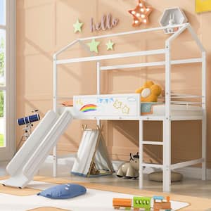 White Twin Size Metal House Bed Loft Bed with 2-sided Writable Wooden Board, Slide, and Ladder