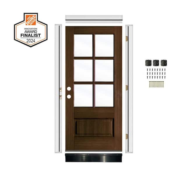 DIY RTA KIT 36in.x80in. Farmhouse Right-Handed 6-Lite Clear Glass Black Stain Hemlock Wood Ready To Assemble Front Door