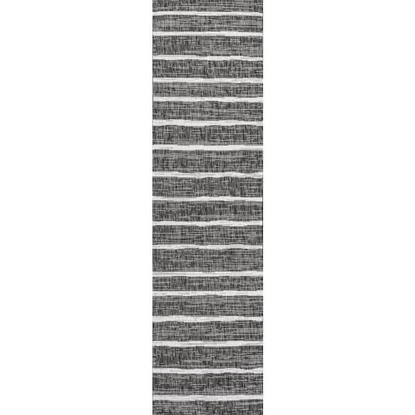 Colonia Berber Black/Ivory 2 ft. x 8 ft. Stripe Indoor/Outdoor Area Rug
