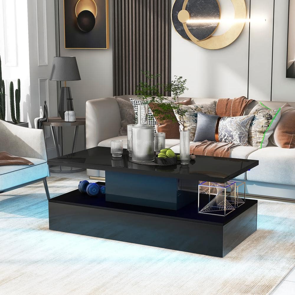 Qualler 47 in. Black Rectangle Wood Top Coffee Table with 16 Colors LED ...