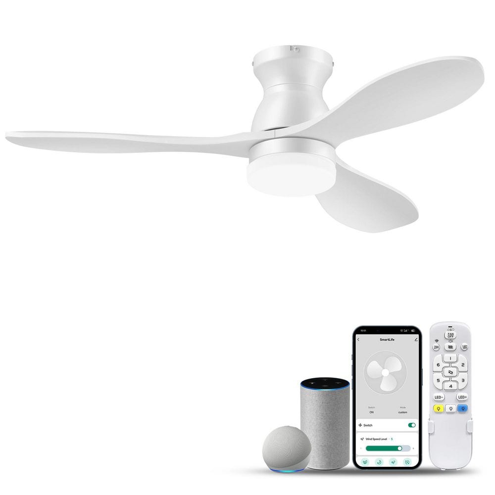 42 in. White Flush Mount Outdoor Indoor Standard Ceiling Fan w/ LED Light Wood Blades Remote/App/Voice DC Motor Dimmable