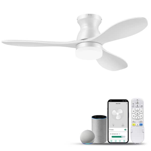 42 in. White Flush Mount Outdoor Indoor Standard Ceiling Fan w/ LED Light Wood Blades Remote/App/Voice DC Motor Dimmable