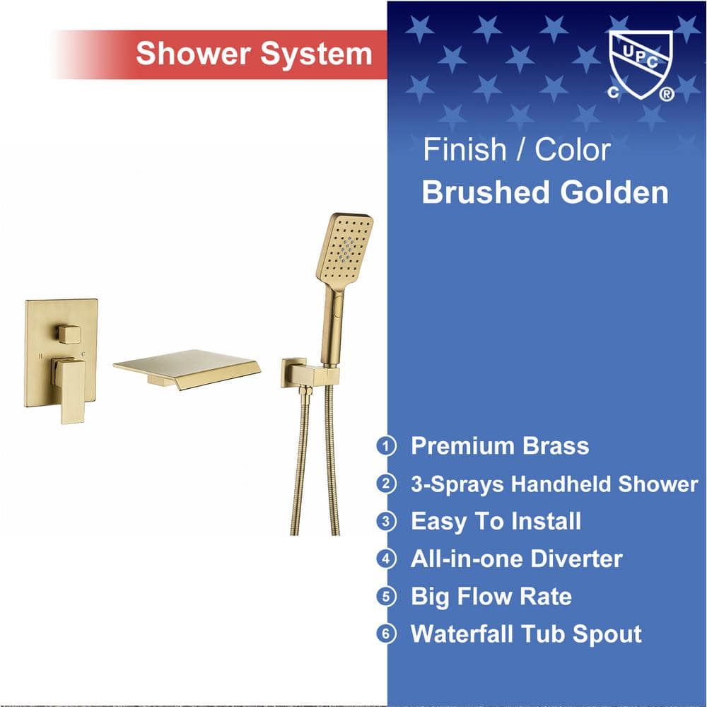 Brushed Gold Wall Mount Waterfall Tub Faucet with Hand Shower