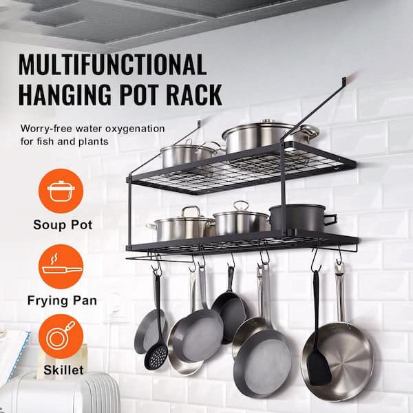 Numhew 30 in. Black Wall Mounted Pot Rack with 12 S Hooks, 2-Tier Pot ...