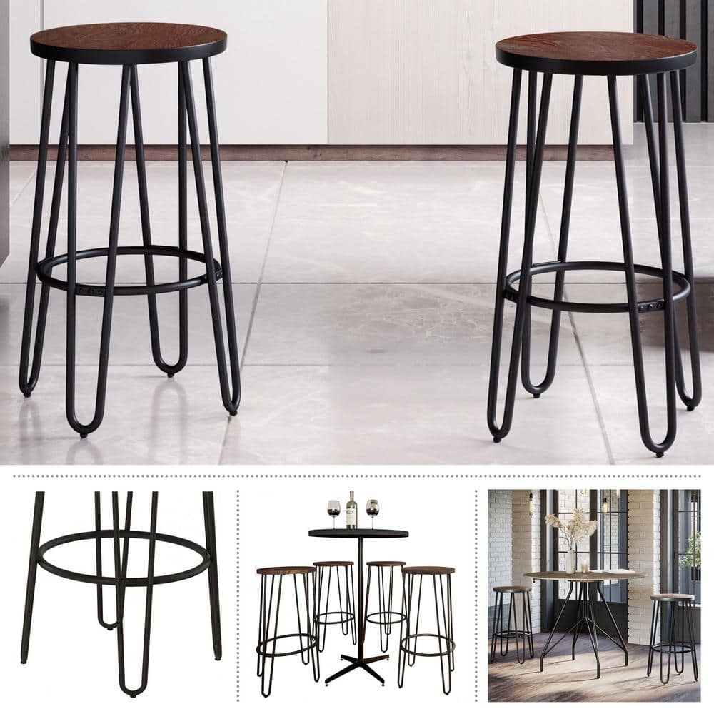 Rustic Elm 24-Inch Backless Counter Stool with Hairpin Metal Legs