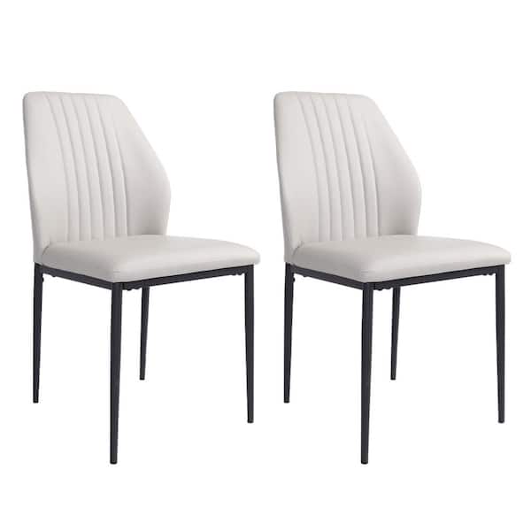  Beige Faux Leather Solid Back Dining Side Chair with Stable Steel Legs, Set of 2