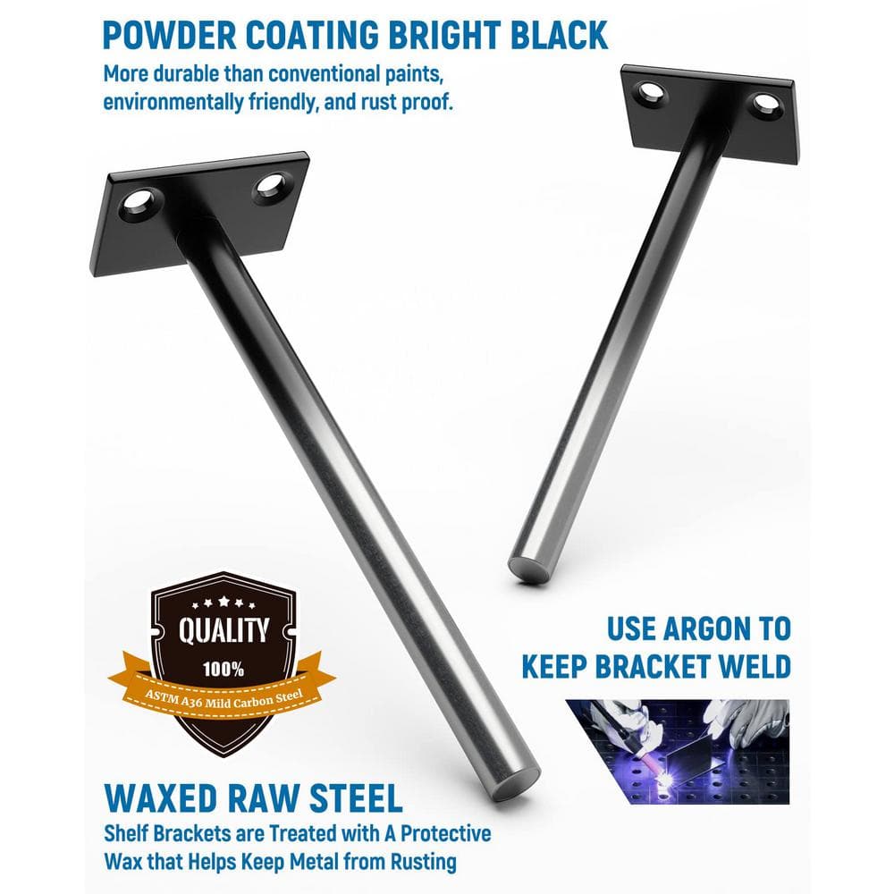Infographic detailing product features and quality of the floating shelf bracket.