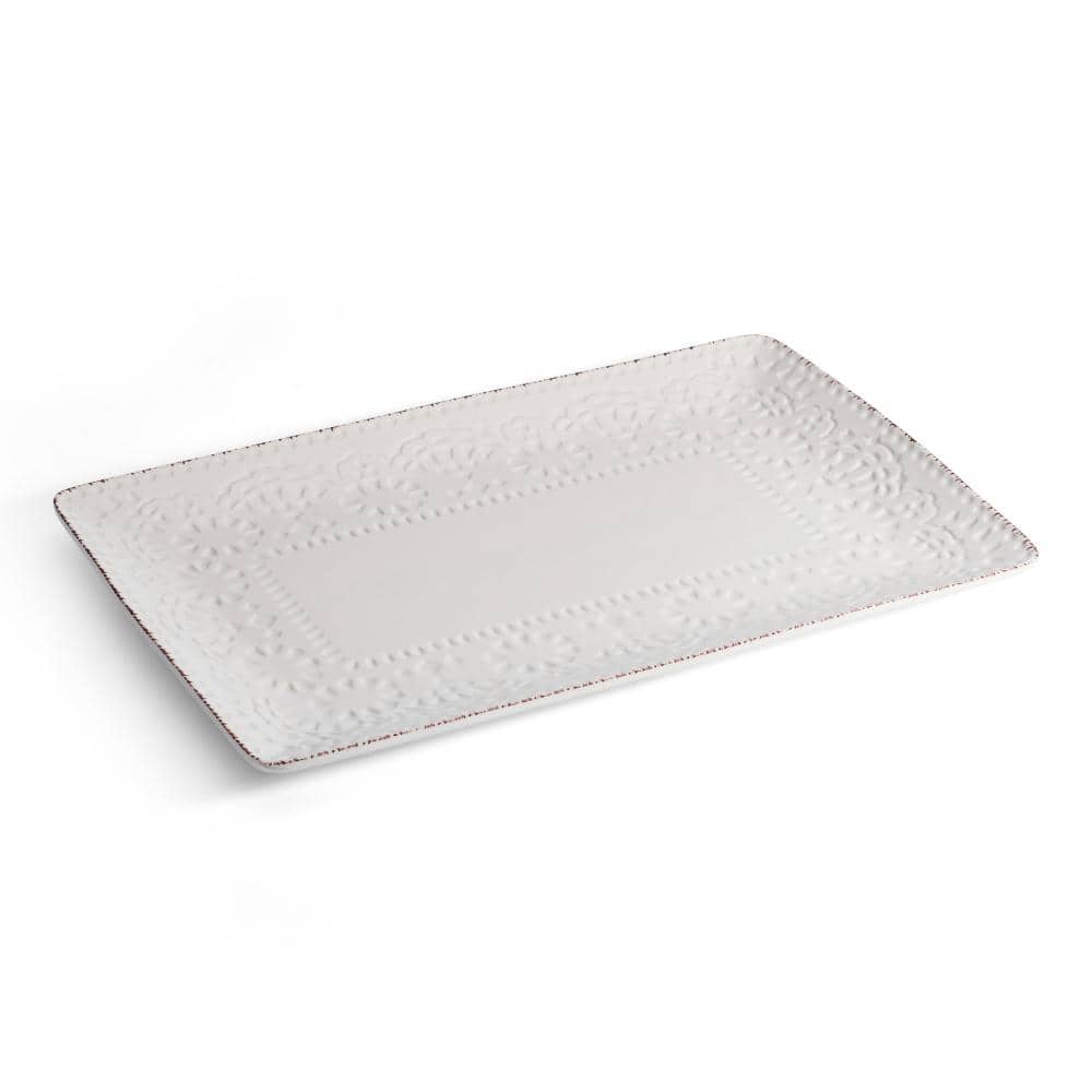White Ceramic Rectangular Serving Platter with Lace Design