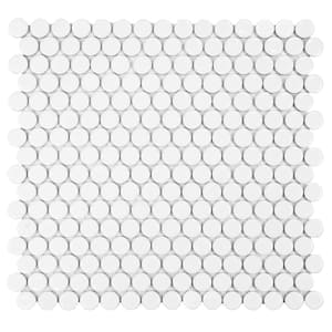 Take Home Tile Sample - Hudson Penny Round Glossy White 6 in. x 6 in. Porcelain Mosaic