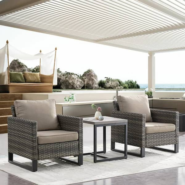 Valenta 3-Piece Gray Wicker Patio Conversaion Set with CushionGuard Gray  Cushions