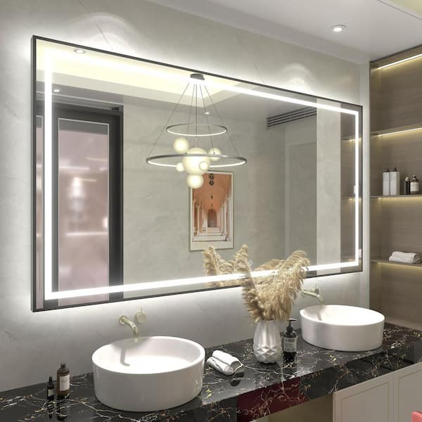 66 in. W x 36 in. H Rectangular Framed Front and Back LED Lighted Anti-Fog Wall Bathroom Vanity Mirror in Tempered Glass