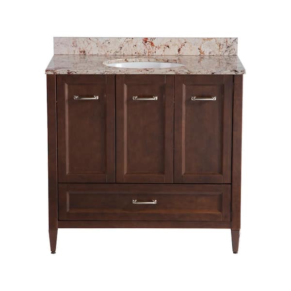 Home Decorators Collection Claxby 36 in. W x 22 in. D Bathroom Vanity in Cognac with Stone Effects Vanity Top in Rustic Gold with White Sink