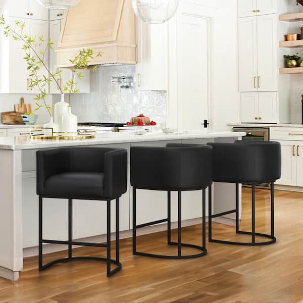 LUE BONA Jessica 26 in. Black Counter Bar Stool PU Leather Upholstered Barrel Counter Stool with Metal Frame (Set of 3)