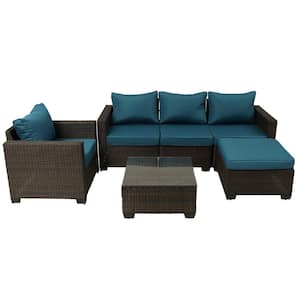 Brown 6-Piece Wicker Outdoor Patio Conversation Set with Ottoman, Peacock Blue Cushions and Tempered Glass Table