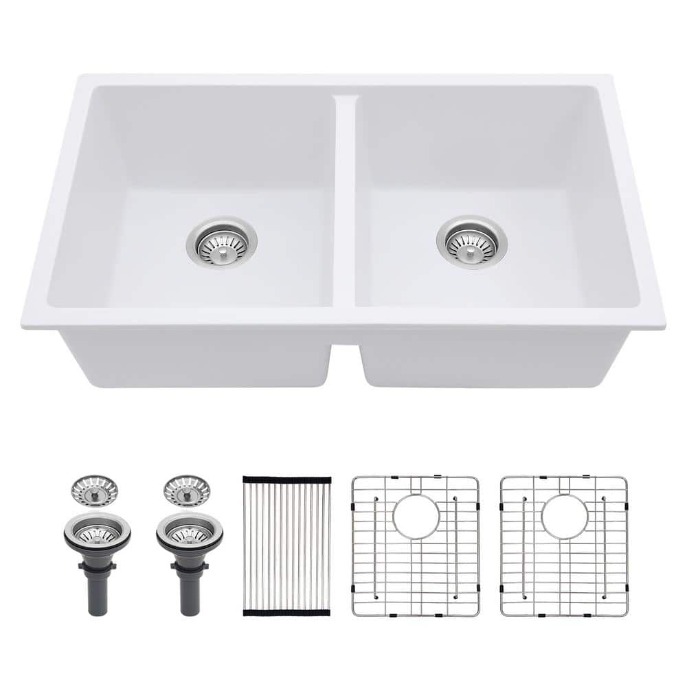 33 in. Undermount Double Bowl White Quartz Kitchen Sink with Bottom Grids