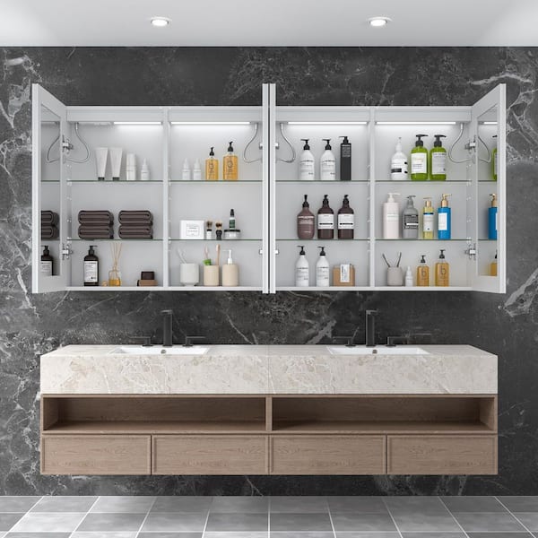 72 in. W x 32 in. H Rectangular Silver Aluminum Recessed/Surface Mount Medicine Cabinet with Mirror LED