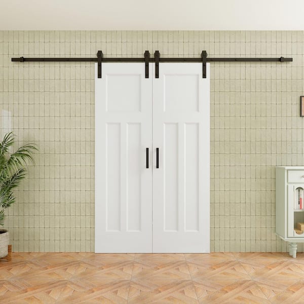 48 in. x 80 in. T Shape 3 Panel Solid Core White Primed MDF No Assembly Required Sliding Barn Door with Hardware Kit