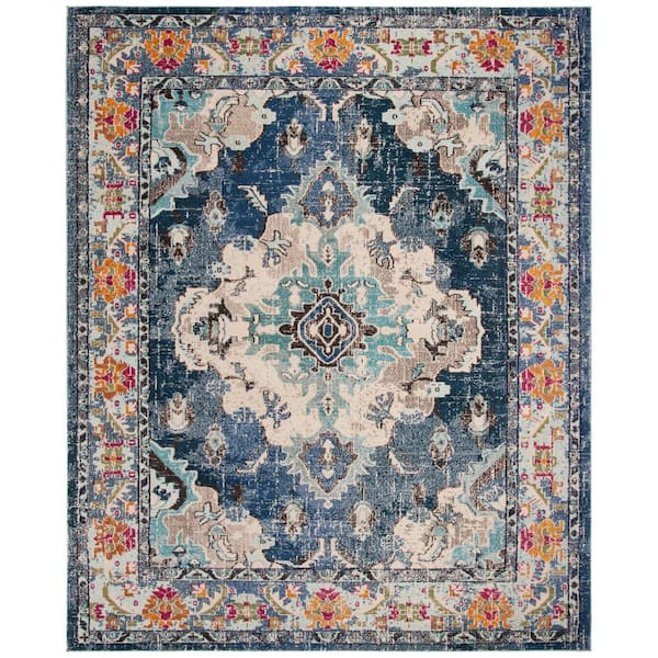 Monaco 12 ft. x 18 ft. Navy/Light Blue Distressed Border Medallion Area Rug