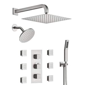 Thermostatic 8-Spray 12 and 6 in. Wall Mount Dual Shower Head and Handheld Shower Head with 6-Jets in Brushed Nickel