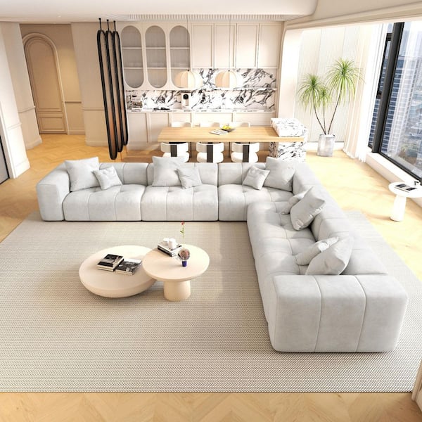 J&E Home 144.17 in. Wide Square Arm Linen Modern Oversized L-Shaped Sofa For Living Room in Beige