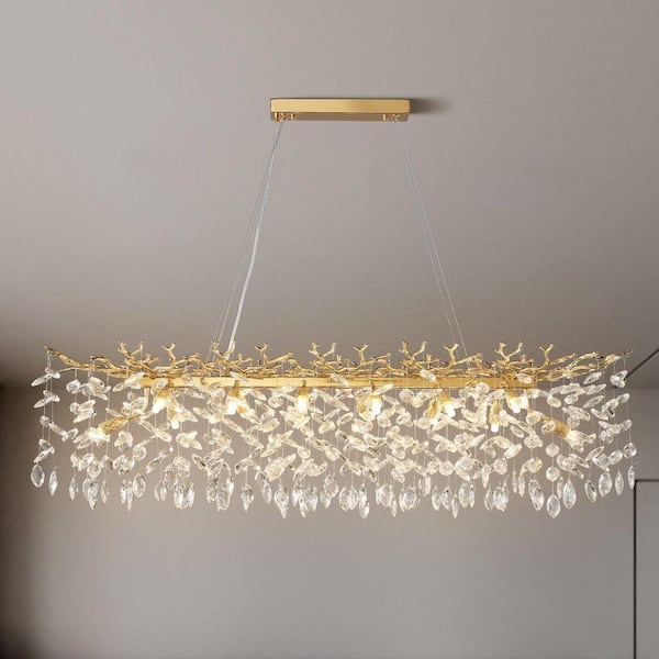 47.2 in. Modern 14-Lights Gold Luxury Crystal Linear Chandelier for Dining Room