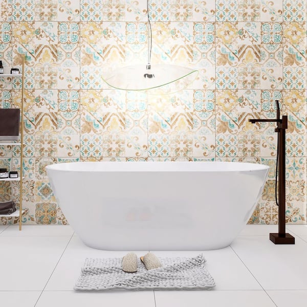 63 in. Acrylic Freestanding Flatbottom Soaking Bathtub in Glossy White with Drain