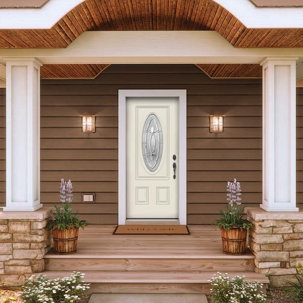 36 in. x 80 in. Left-Hand 3/4 Oval Blakely Glass Primed Fiberglass Prehung Front Door w/Rot Resistant Frame