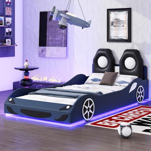 Blue Wood Frame Twin Car-Shaped Platform Bed with LED and Upholstered Backrest