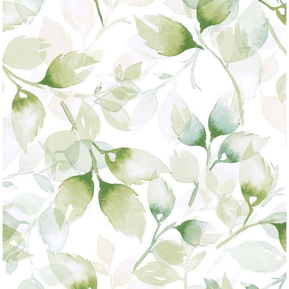 Green Ivy Watercolor Tossed Leaves Peel and Stick Vinyl Wallpaper