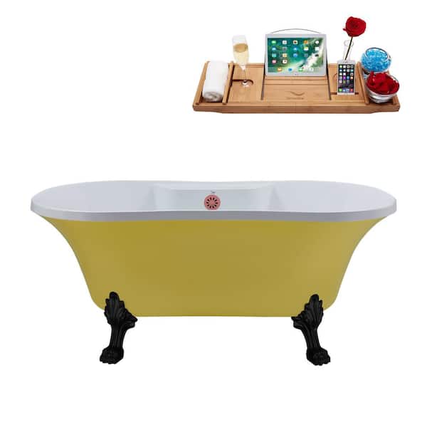 Streamline 60 in. x 32 in. Acrylic Clawfoot Soaking Bathtub in Matte Yellow with Matte Black Clawfeet and Matte Pink Drain