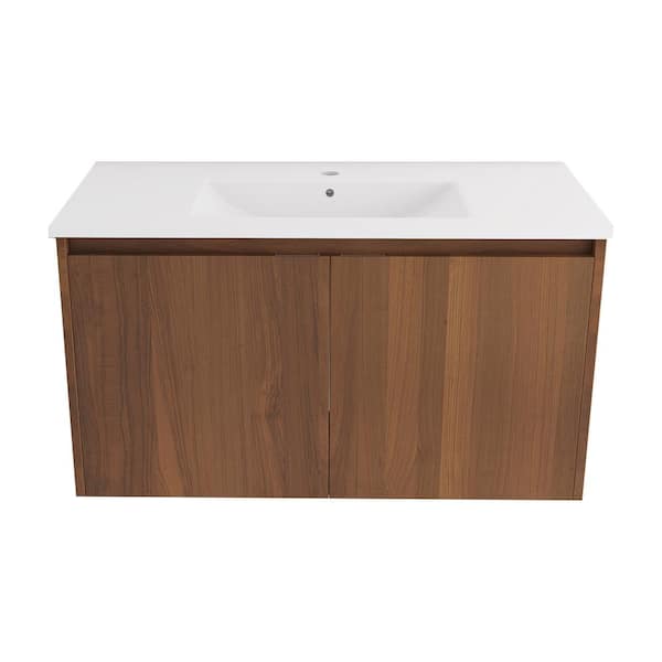 Maincraft Wall-Mounted 36 in. W x 18.31 in D. x 19.69 in. H Bath Vanity in Brown with White Ceramic Top with Basin