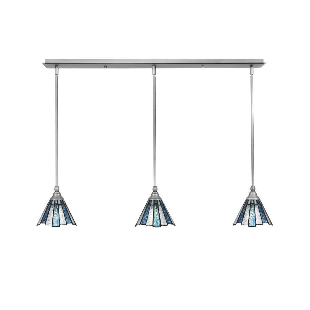 Livingston 100-Watt 3-Light Nickel Shaded Pendant Light with 7 in. Sea Ice 