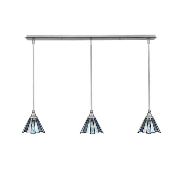 Unbranded Livingston 100-Watt 3-Light Nickel Shaded Pendant Light with 7 in. Sea Ice Art Glass Shades, No bulbs