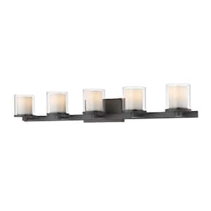 Schema 38 in. 5-Light Bronze Integrated LED Shaded Vanity Light with Clear and Matte Opal Glass Shade