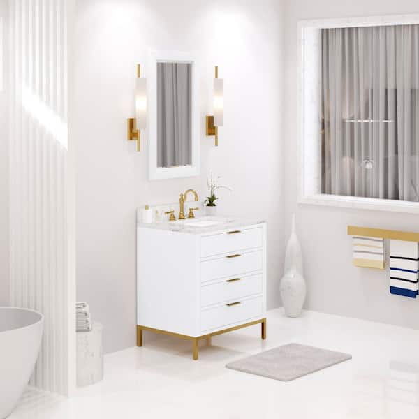 Bristol 30 in. W x 21.5 in. D x 34 in. H Single White Sink Vanity in Pure White with Marble Top in White and Mirror