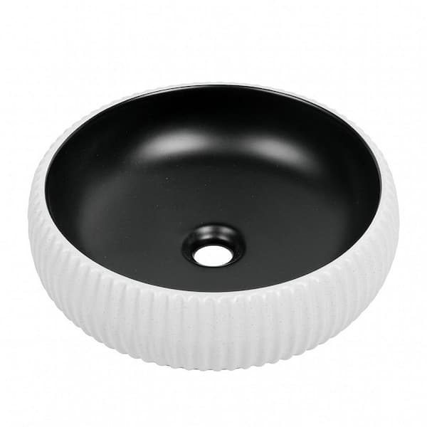 16 in. Round Vessel Bathroom Sink in Matte Black and Textured White Ceramic