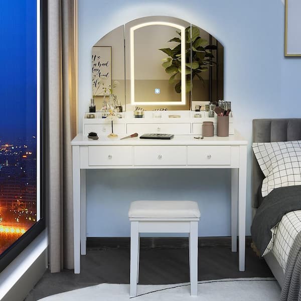 Vanity Table Stool Set White Jewelry Armoire Large Tri-folding Lighted Mirror 6 Drawer Dresser 58.5" x 40" x 16"