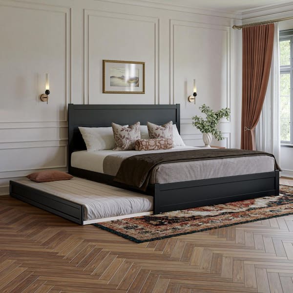 Aveline Black Wood Frame King Platform Bed with Matching Footboard and Twin XL Trundle